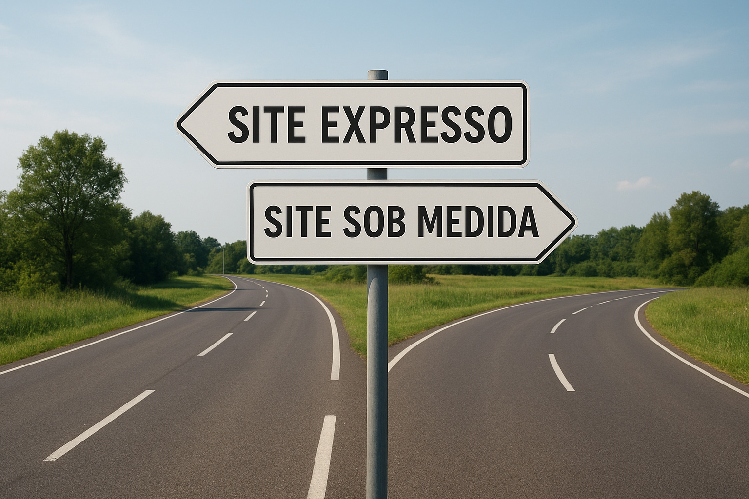 Bifurcação com placas indicando Site Expresso e Site Sob Medida